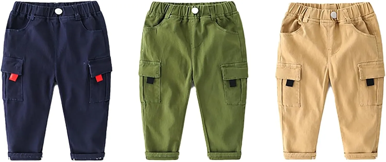 Toddler Baby Boys Twill Cargo Pants Pull-on Elastic Waist Baggy Joggers Solid School niform Hiking Pants
