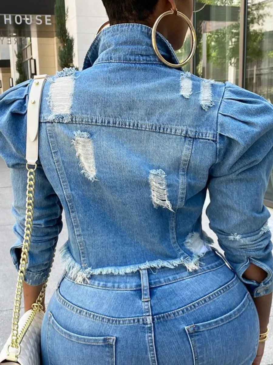 Turndown Collar Buttons Design Blue Plus Size Denim Jacket