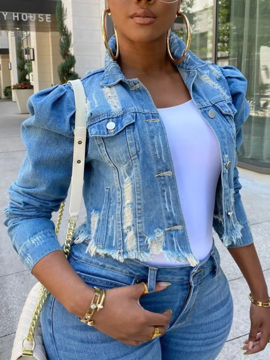 Turndown Collar Buttons Design Blue Plus Size Denim Jacket