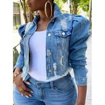 Turndown Collar Buttons Design Blue Plus Size Denim Jacket