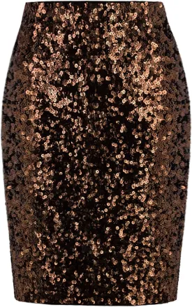 Vijiv Women's Sequin Skirt Midi High Waist Elegant Stretchy Sparkle Side Slit Pencil Skirt Party Cocktail