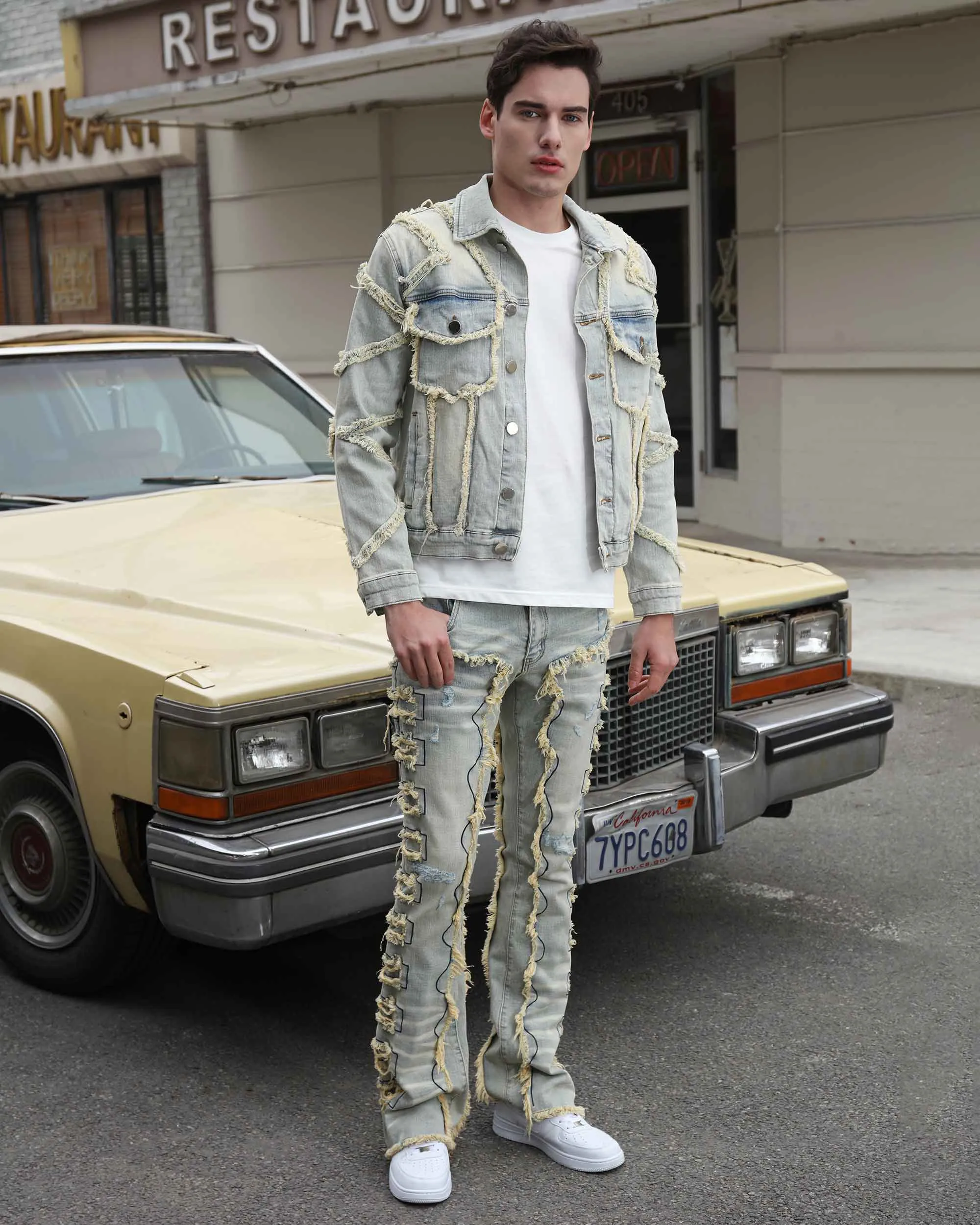 Vintage Fringe Blue Stacked Denim Jacket-Mexico Local Delivery