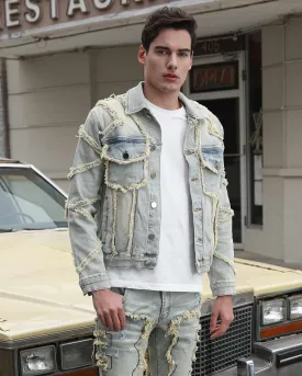 Vintage Fringe Blue Stacked Denim Jacket-Mexico Local Delivery