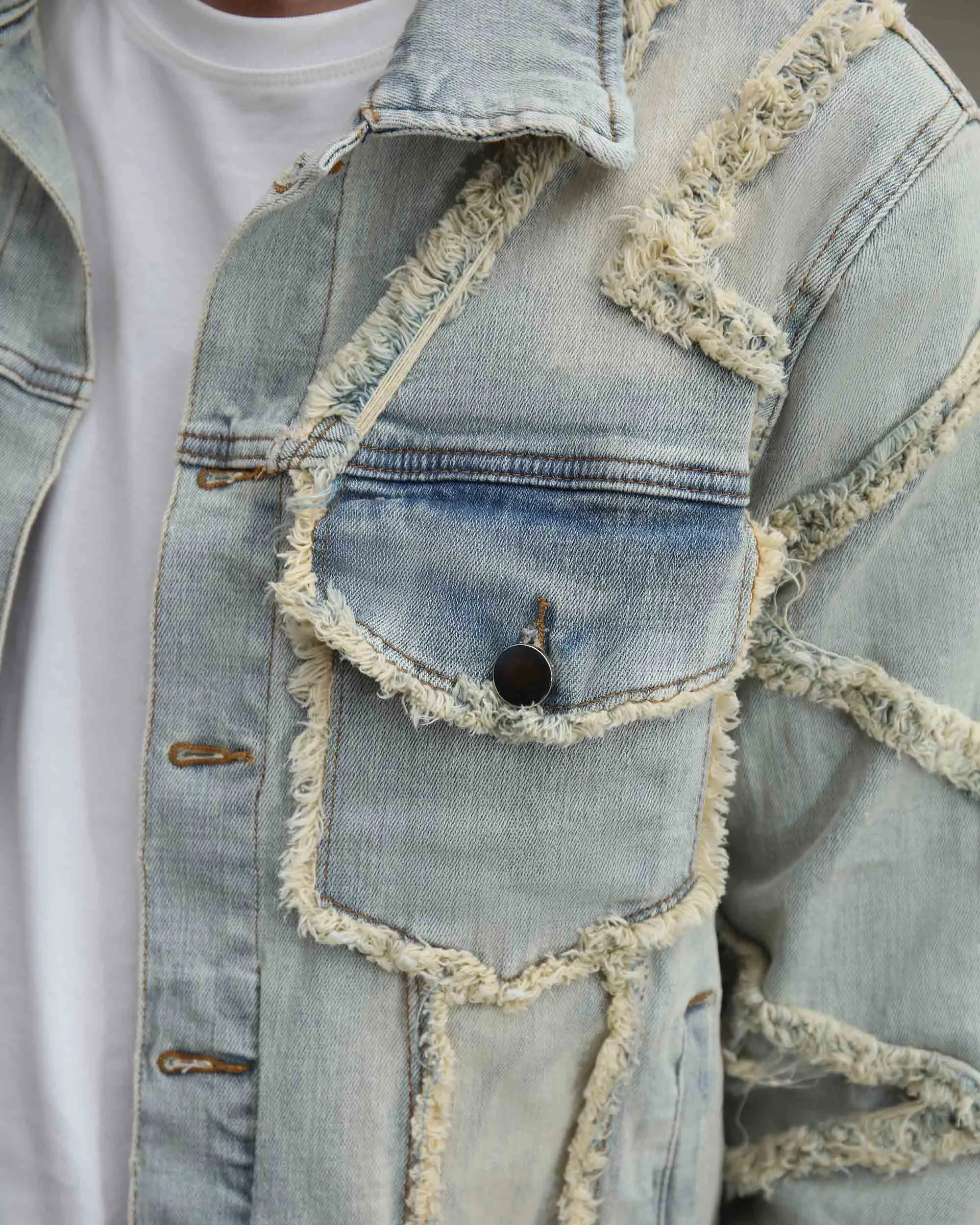 Vintage Fringe Blue Stacked Denim Jacket-Mexico Local Delivery