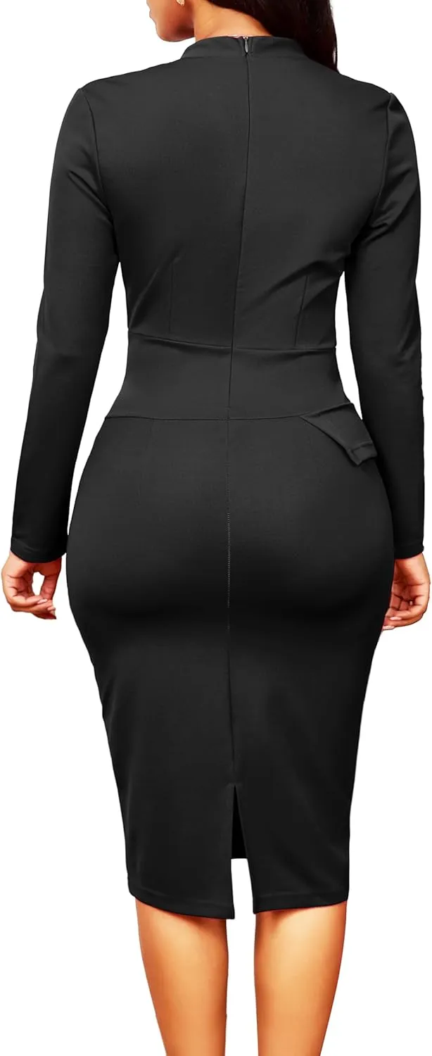 Wear to Work Dresses for Women Elegant Long Sleeve Bodycon Formal Pencil Knee Length Dress Party Evening
