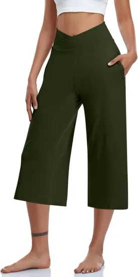 Wide Leg Cropped Pants for Women Drawstring Culottes with Pockets 2025 Summer Gaucho Palazzo Yoga Pants
