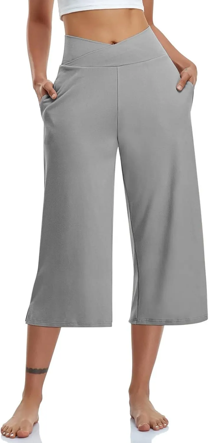 Wide Leg Cropped Pants for Women Drawstring Culottes with Pockets 2025 Summer Gaucho Palazzo Yoga Pants