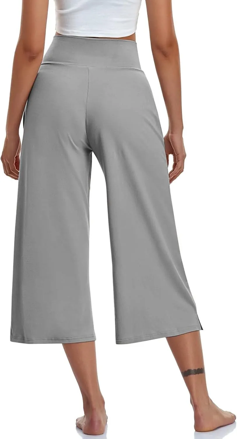 Wide Leg Cropped Pants for Women Drawstring Culottes with Pockets 2025 Summer Gaucho Palazzo Yoga Pants