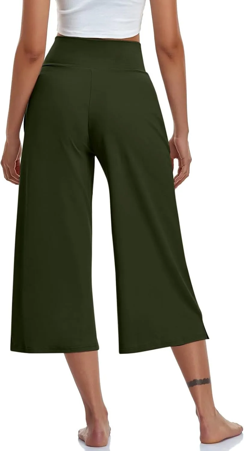 Wide Leg Cropped Pants for Women Drawstring Culottes with Pockets 2025 Summer Gaucho Palazzo Yoga Pants