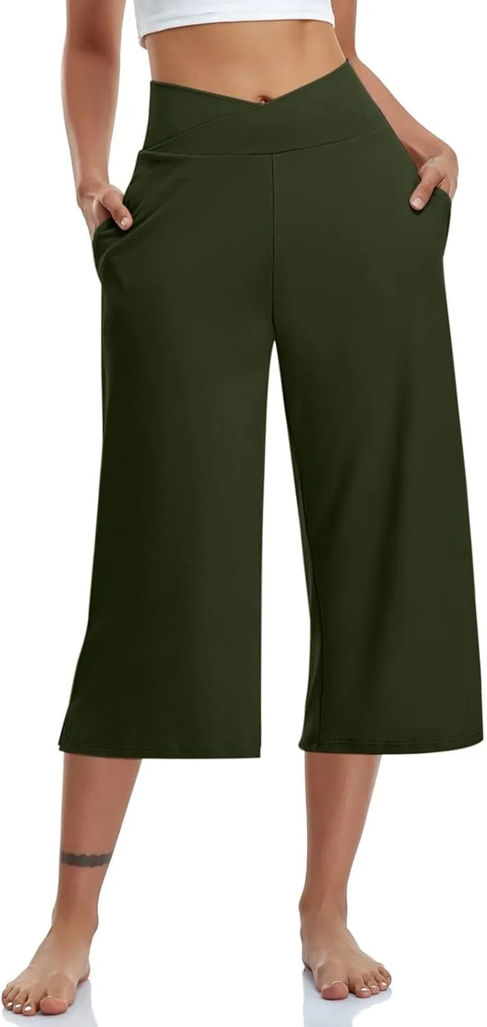 Wide Leg Cropped Pants for Women Drawstring Culottes with Pockets 2025 Summer Gaucho Palazzo Yoga Pants