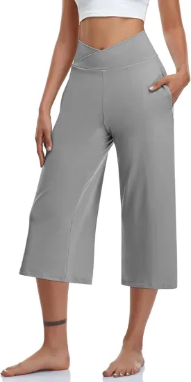 Wide Leg Cropped Pants for Women Drawstring Culottes with Pockets 2025 Summer Gaucho Palazzo Yoga Pants