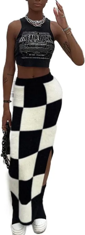 Women High Waist Plaid Elastic Long Skirts Side Split Knit Bodycon Midi Skirt