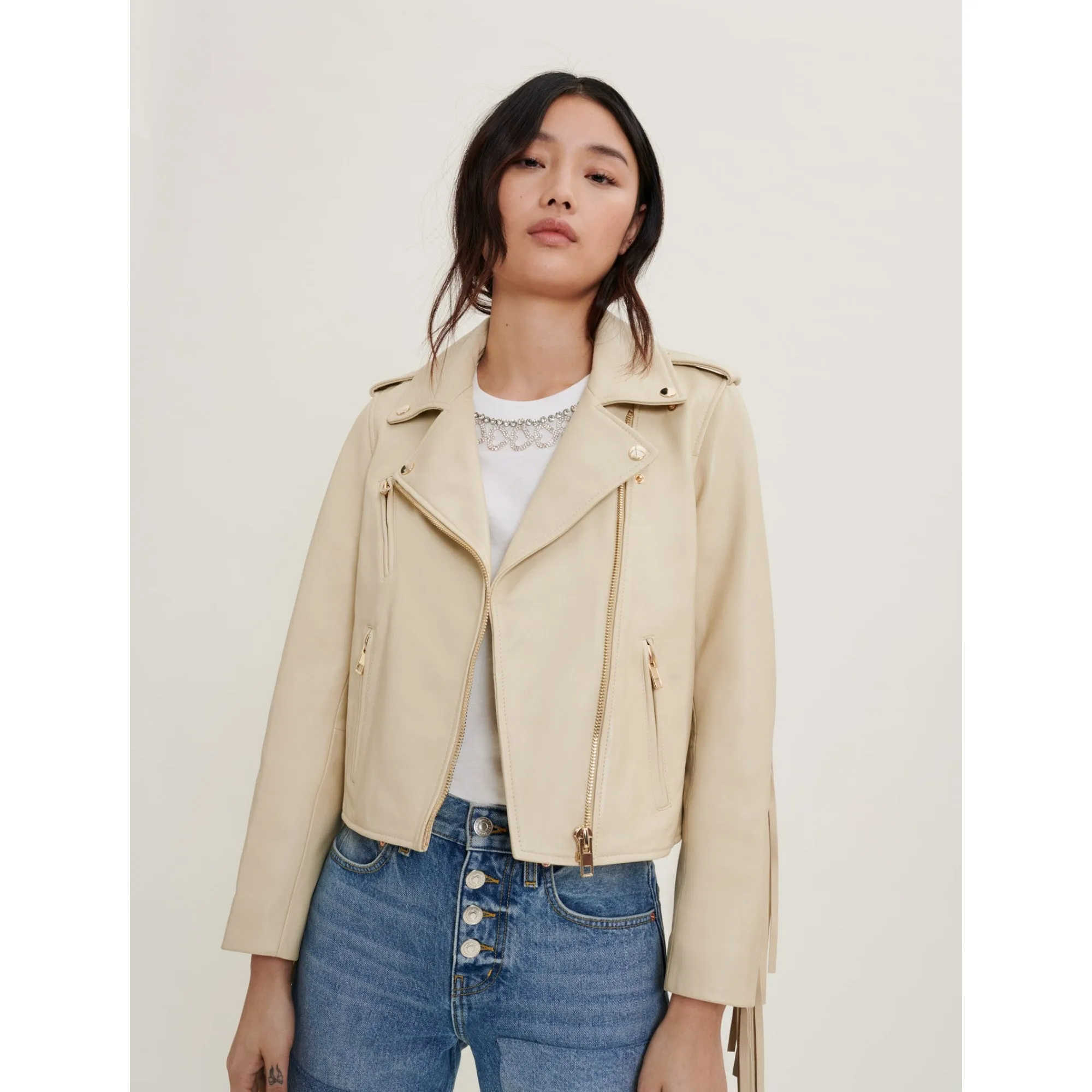 Women Leather Biker Jacket With Fringing - Ecru