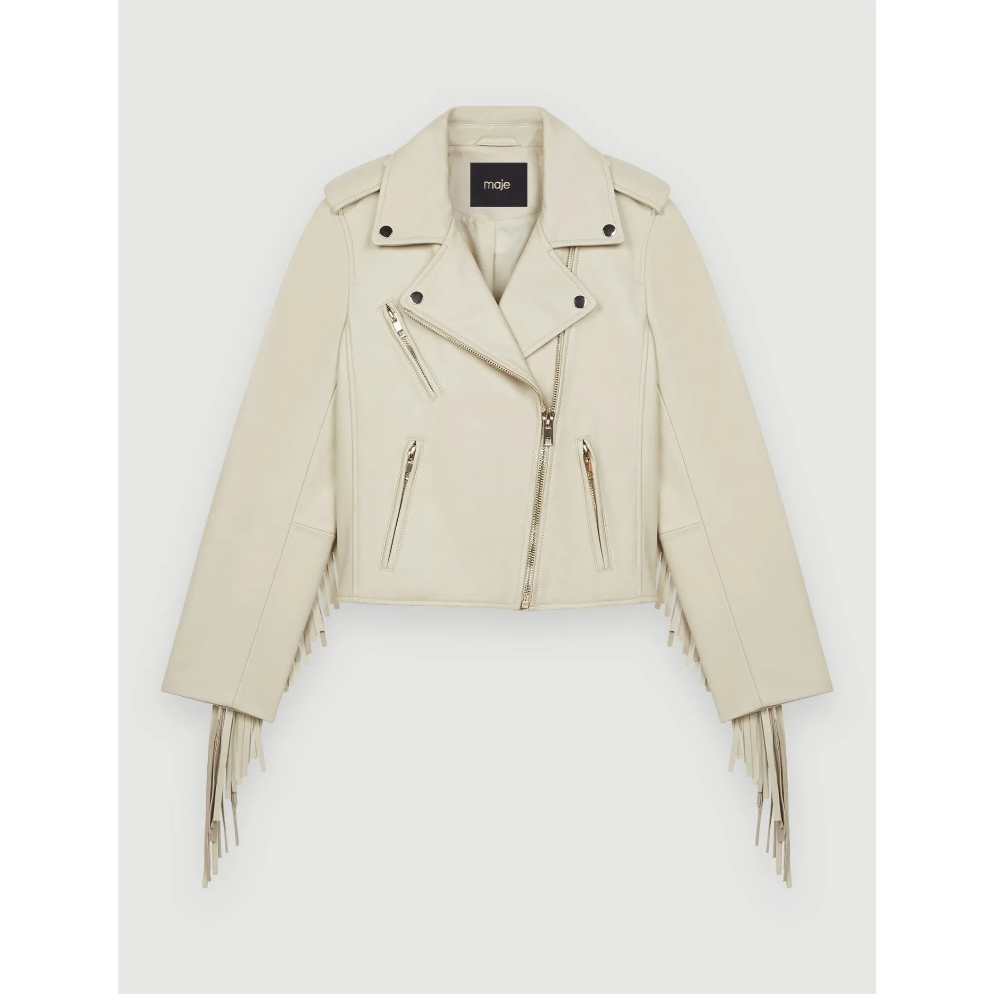 Women Leather Biker Jacket With Fringing - Ecru