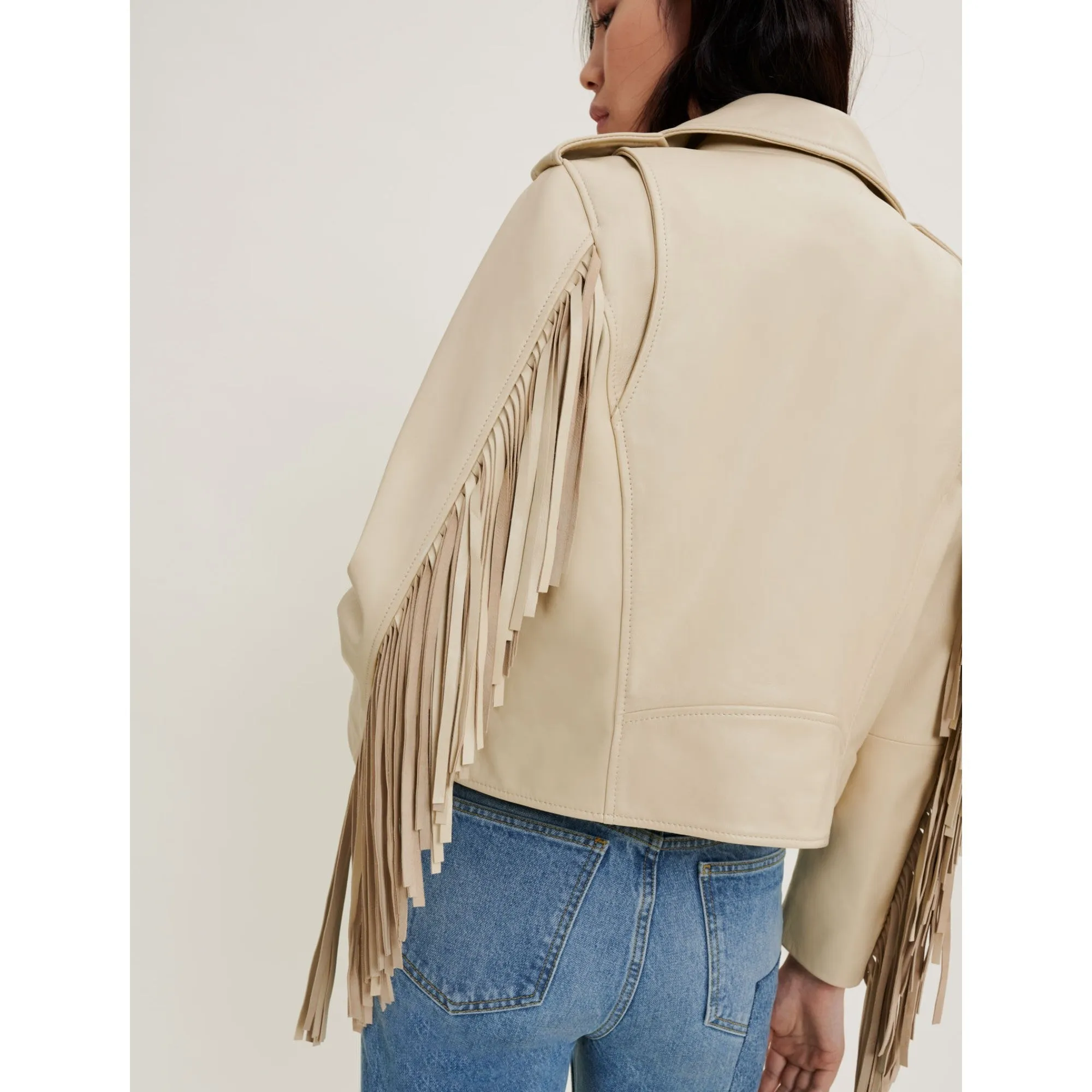Women Leather Biker Jacket With Fringing - Ecru