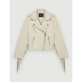Women Leather Biker Jacket With Fringing - Ecru