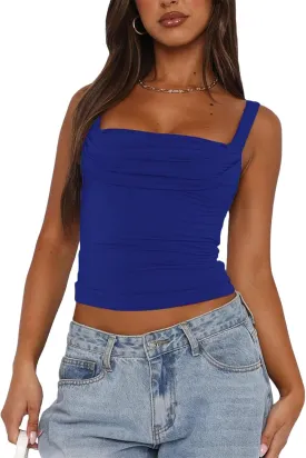 Women Ruched Sleeveless Square Neck Tank Tops Backless Going Out Top Strappy Tight Slim Fit Y2K Cute Crop Top