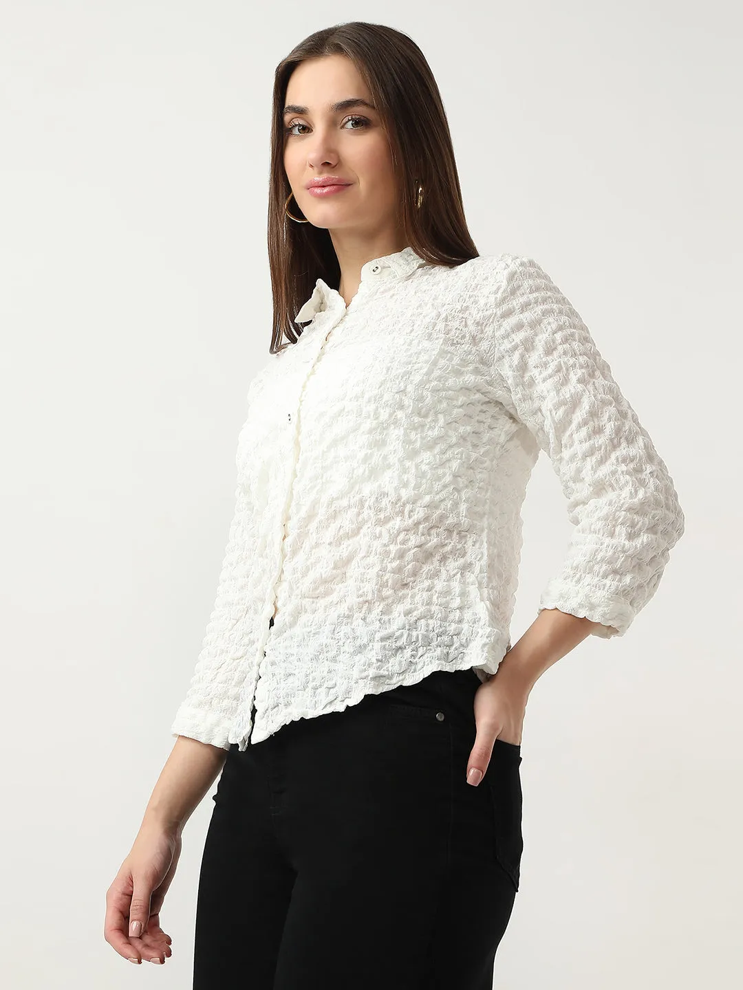 Women Slim Fit Off White Shirt