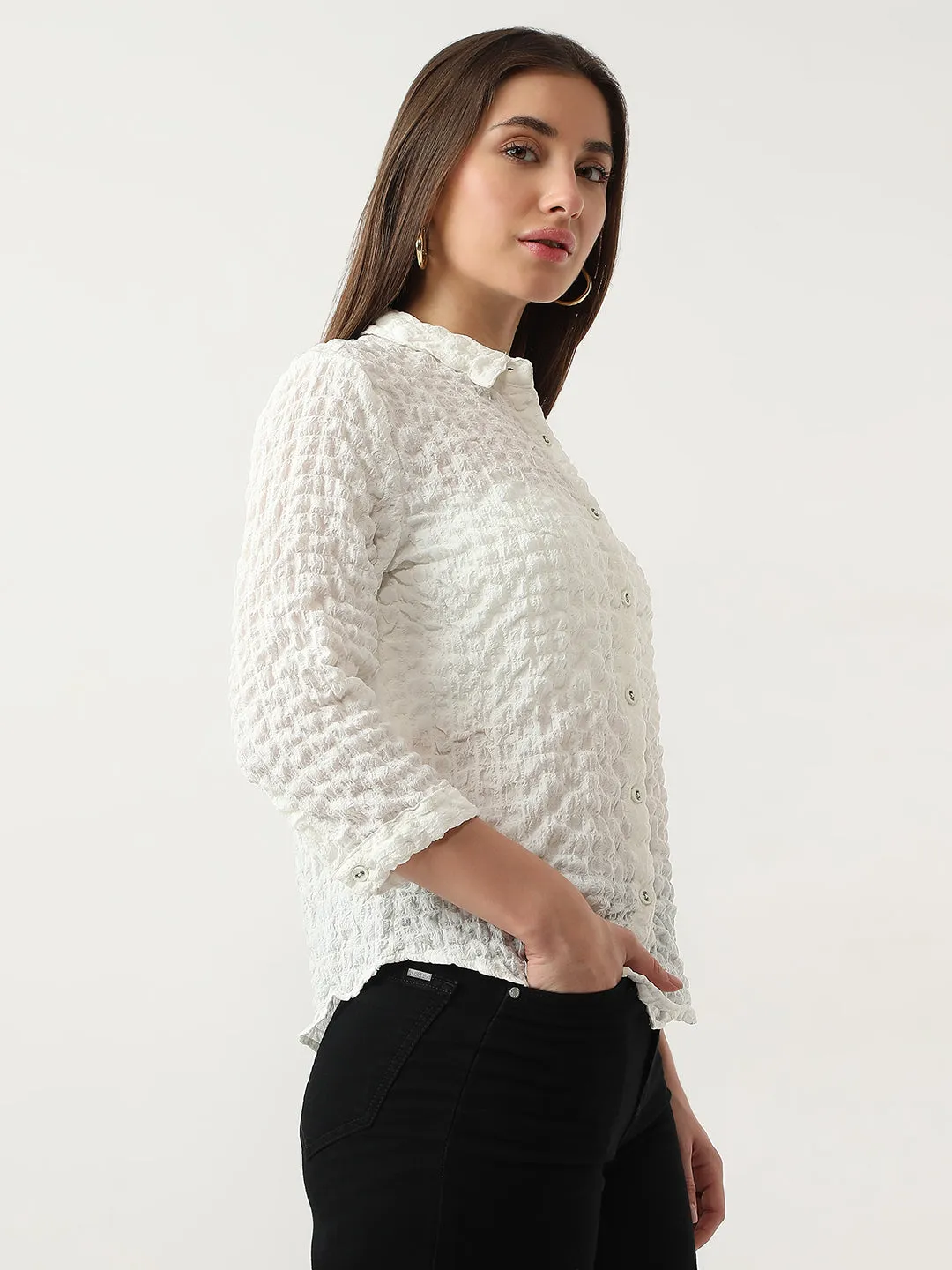 Women Slim Fit Off White Shirt