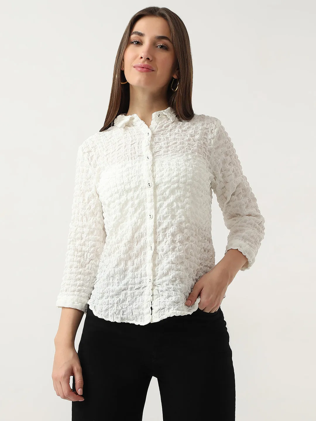 Women Slim Fit Off White Shirt