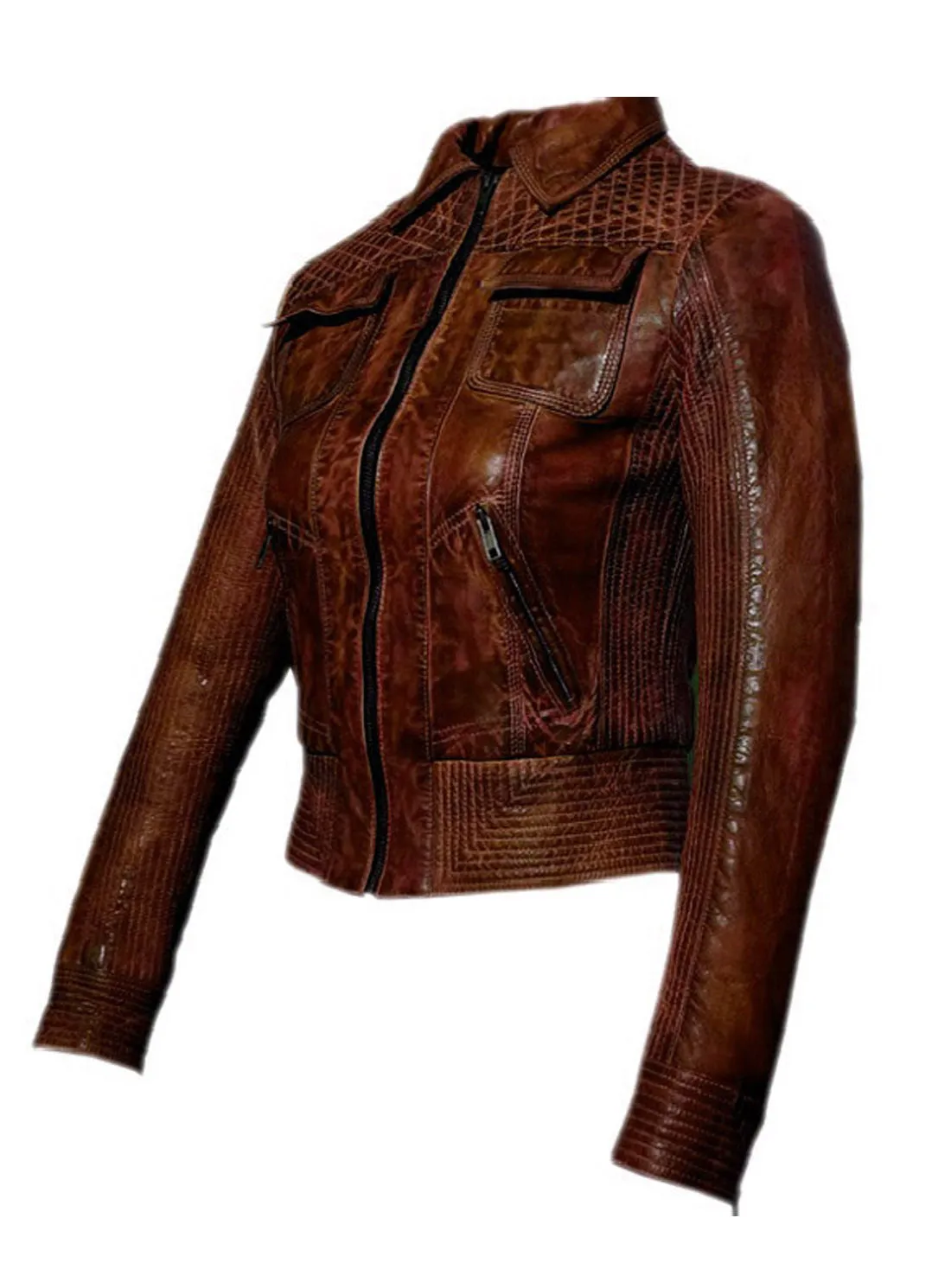 Women Washed Vintage Leather Short Jacket