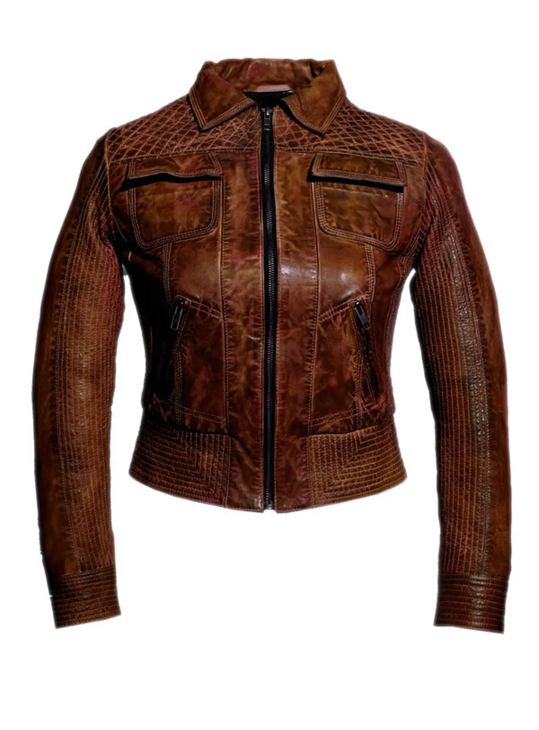 Women Washed Vintage Leather Short Jacket