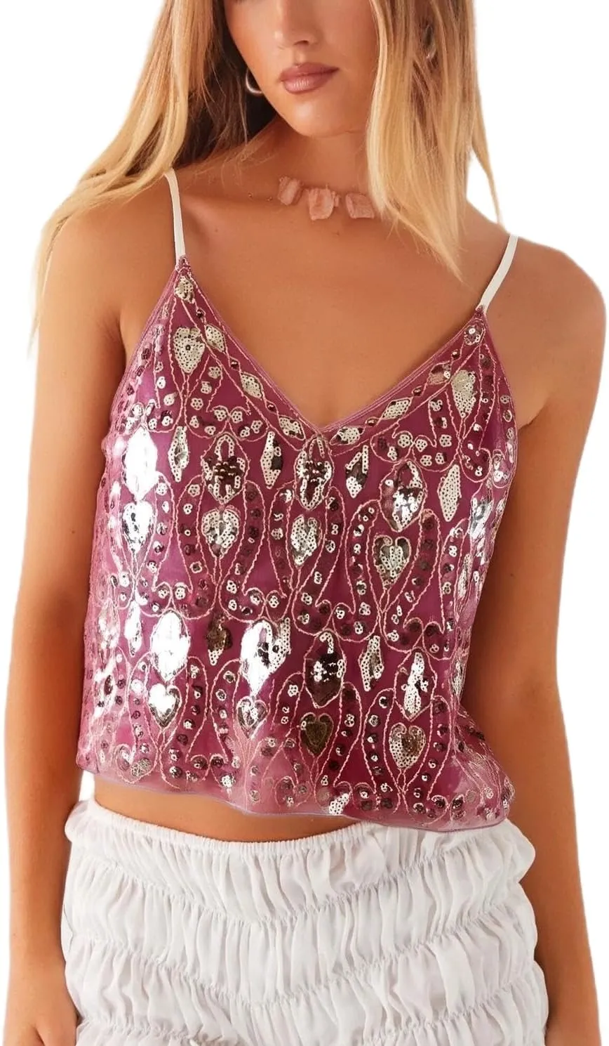 Women Y2K Sequin Cami Top Floral Sparkly V Neck Tank Tops Summer Backless Glitter Vest Rhinestone Clubwear