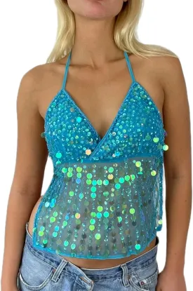Women Y2k Sequin Cami Top Halter Tie Back Glitter Tank Top Sheer Mesh Backless Cami Sexy Night Out Party Clubwear