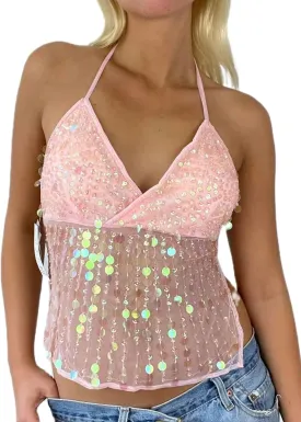 Women Y2k Sequin Cami Top Halter Tie Back Glitter Tank Top Sheer Mesh Backless Cami Sexy Night Out Party Clubwear
