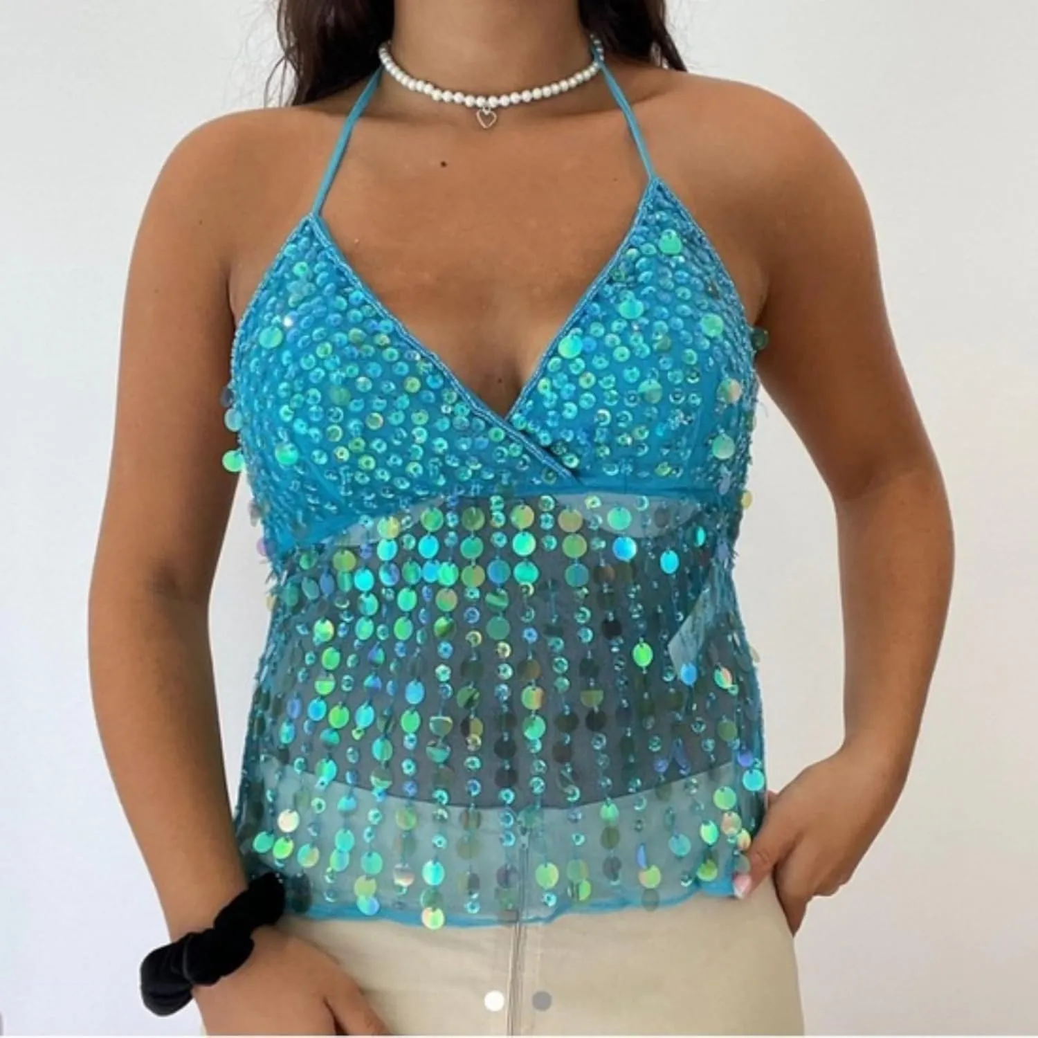 Women Y2k Sequin Cami Top Halter Tie Back Glitter Tank Top Sheer Mesh Backless Cami Sexy Night Out Party Clubwear
