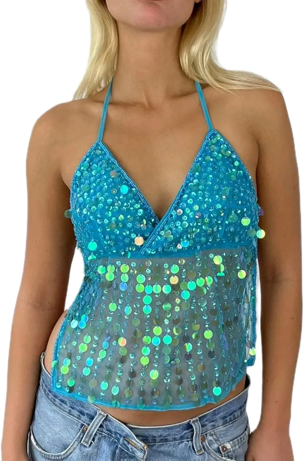 Women Y2k Sequin Cami Top Halter Tie Back Glitter Tank Top Sheer Mesh Backless Cami Sexy Night Out Party Clubwear