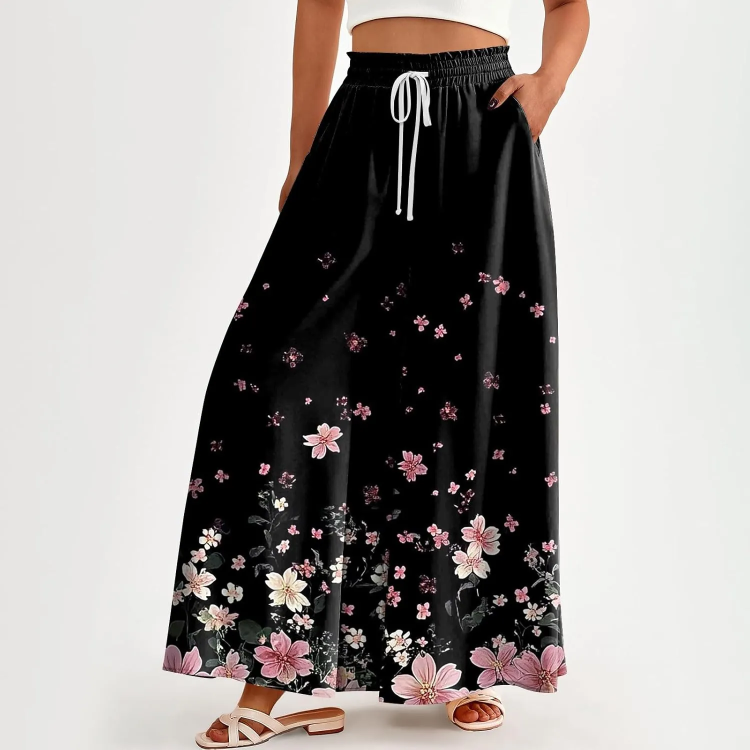 Women's 2025 Summer Wide Leg Palazzo Pants High Waisted That Look Like Skirts Flowy Pockets Lounge Boho Beach Trousers
