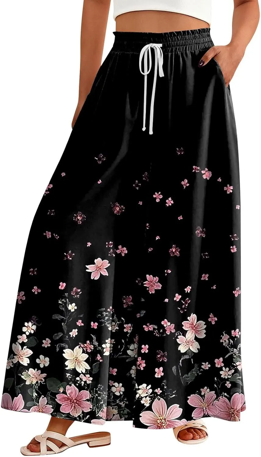 Women's 2025 Summer Wide Leg Palazzo Pants High Waisted That Look Like Skirts Flowy Pockets Lounge Boho Beach Trousers