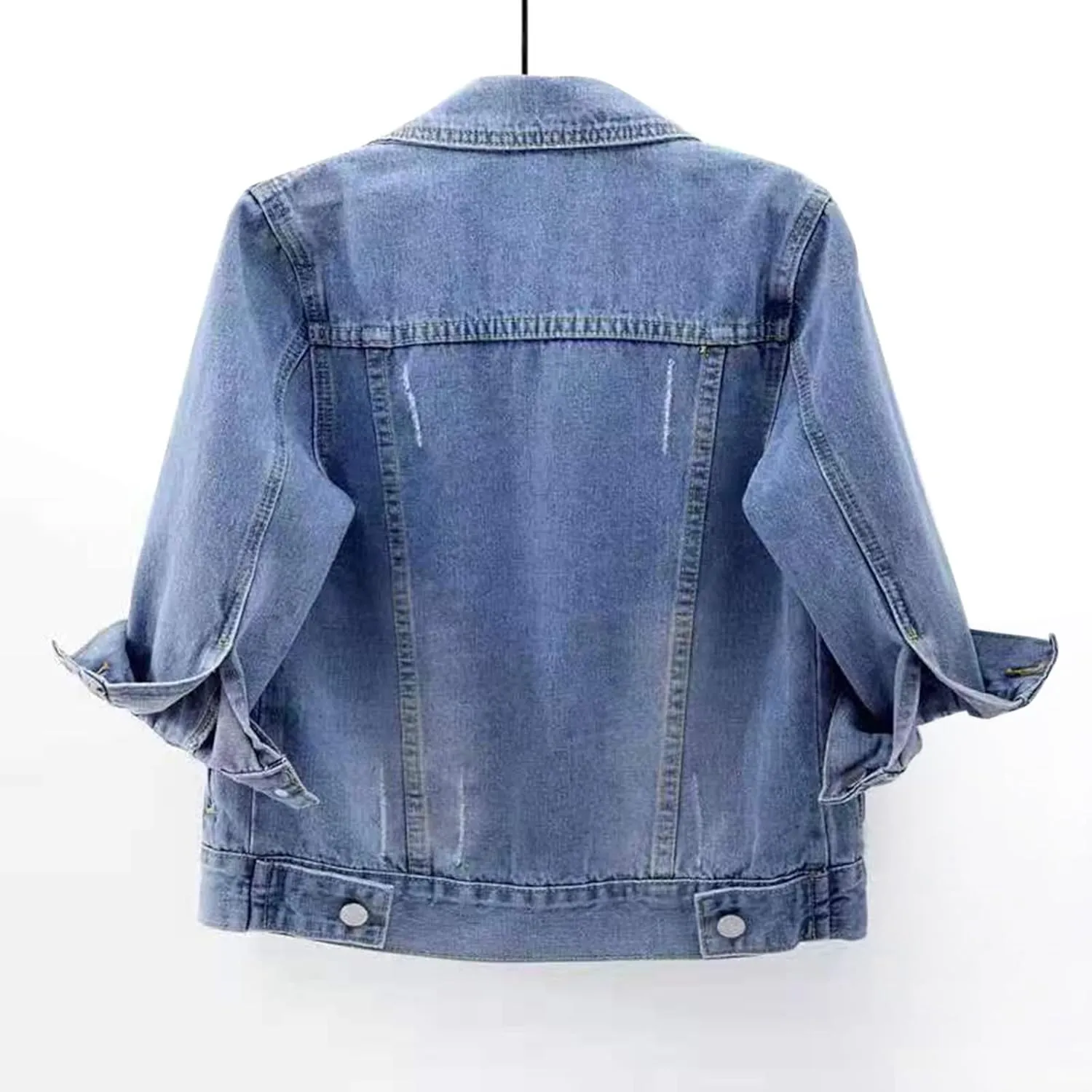 Womens 3/4 Sleeve Short Denim Jacket Plus Size, Basic Lapel Button Down Cropped Casual Jean Jackets Trucker Coats