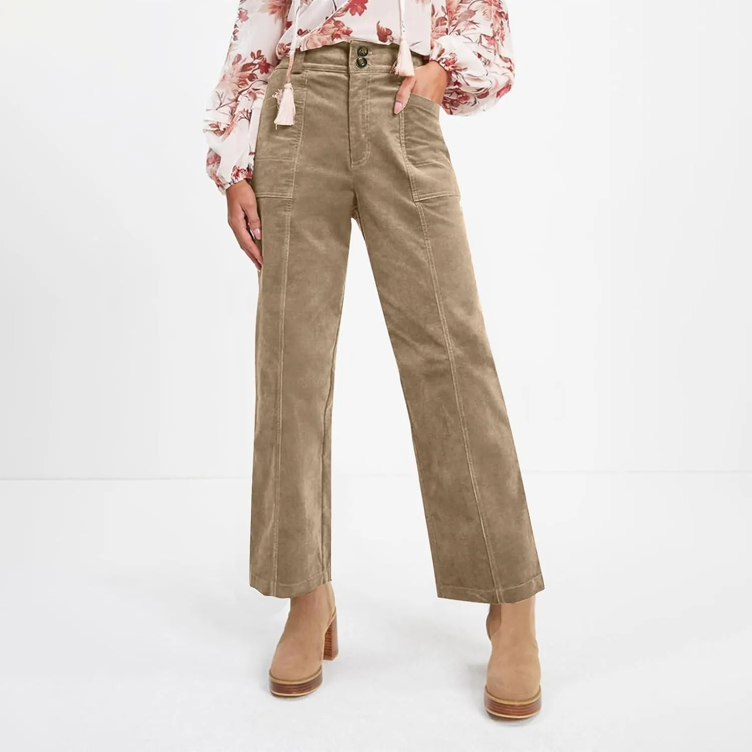 Womens Corduroy Pants Trendy Straight Leg High Waisted Work Pants Trousers Ladies Elastic Waist Pants with Pockets