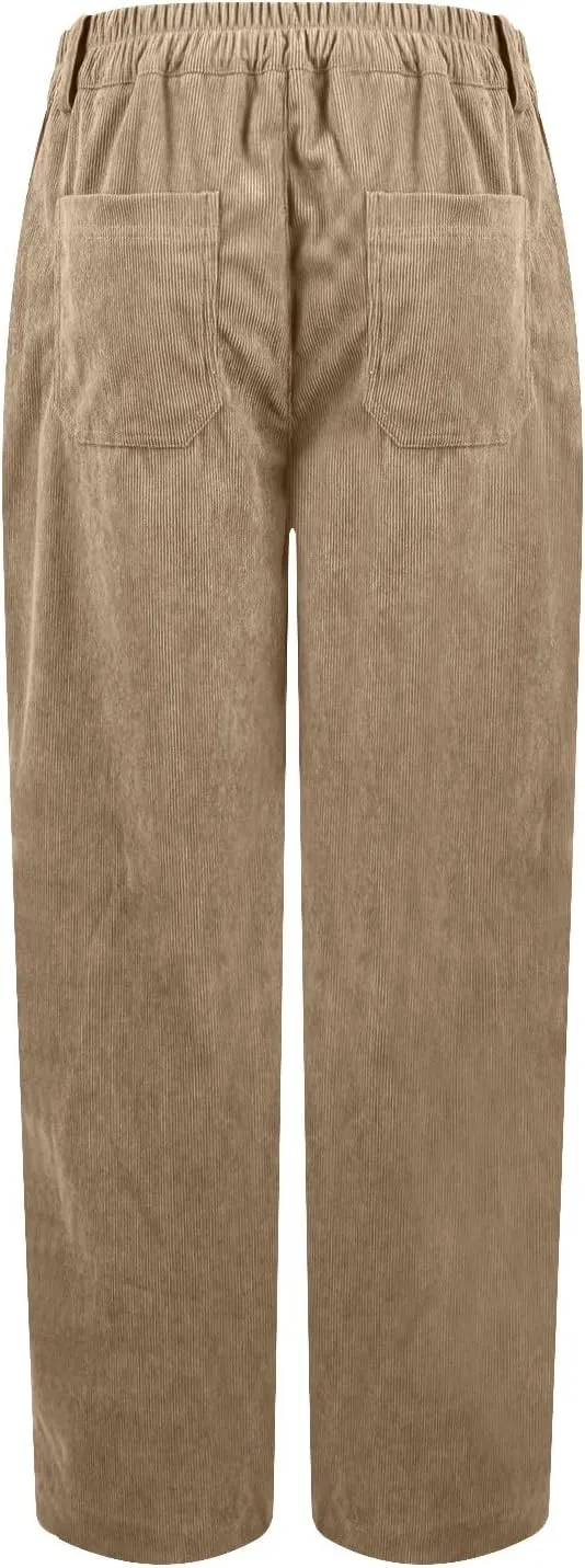 Womens Corduroy Pants Trendy Straight Leg High Waisted Work Pants Trousers Ladies Elastic Waist Pants with Pockets