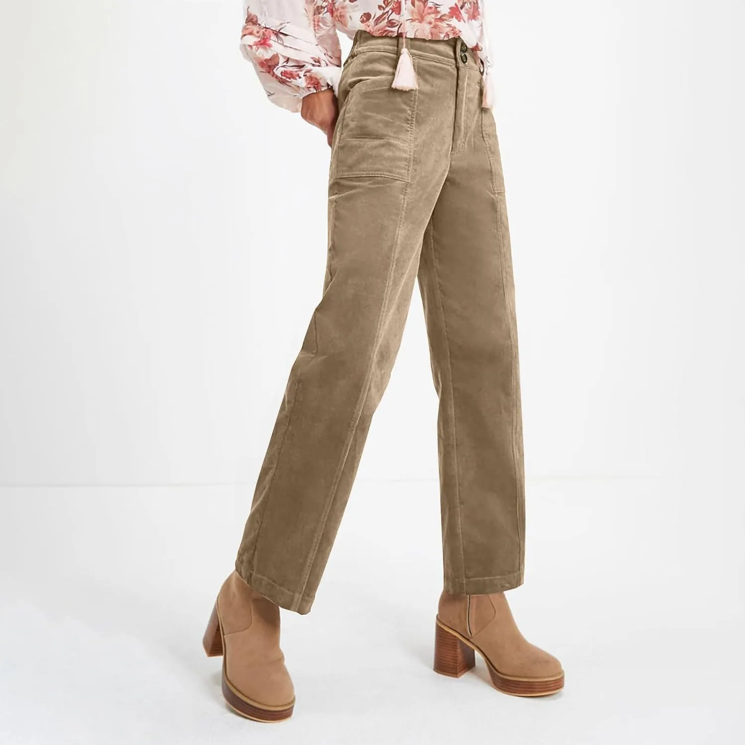Womens Corduroy Pants Trendy Straight Leg High Waisted Work Pants Trousers Ladies Elastic Waist Pants with Pockets