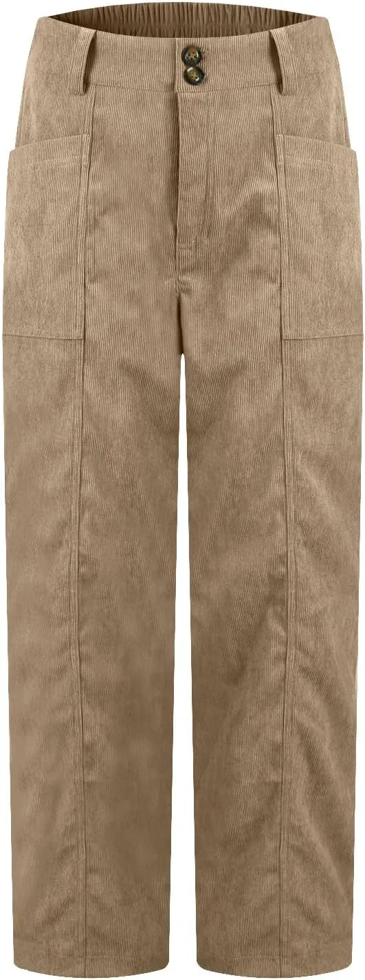 Womens Corduroy Pants Trendy Straight Leg High Waisted Work Pants Trousers Ladies Elastic Waist Pants with Pockets