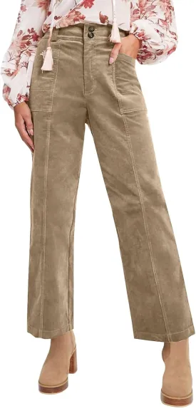 Womens Corduroy Pants Trendy Straight Leg High Waisted Work Pants Trousers Ladies Elastic Waist Pants with Pockets