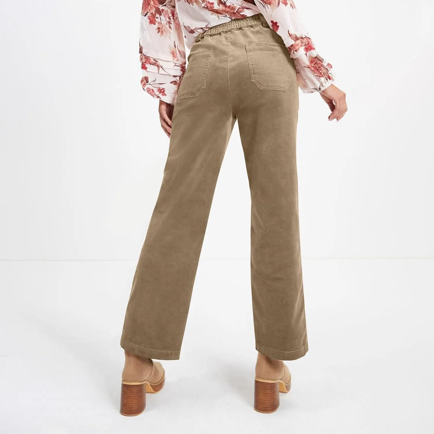 Womens Corduroy Pants Trendy Straight Leg High Waisted Work Pants Trousers Ladies Elastic Waist Pants with Pockets