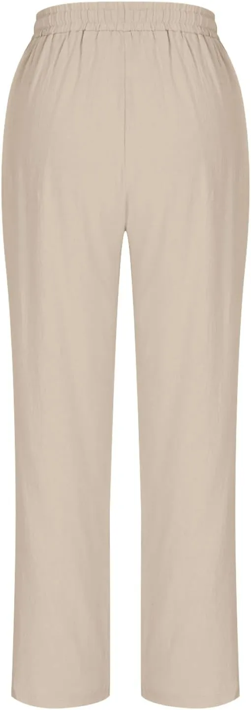 Womens Cotton Linen Pant Straight Leg Cropped Trousers Lightweight Slim Fit Elastic Waist Drawstring Slacks