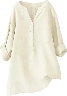 Womens Cotton Linen Shirts 3/4 Roll Up Sleeve Casual V Neck Button Up Dressy Blouses Summer Vacation Oversized Tshirt