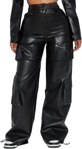 Women's Faux Leather Cargo Pants High Waisted Y2K Relaxed Pants with Pockets