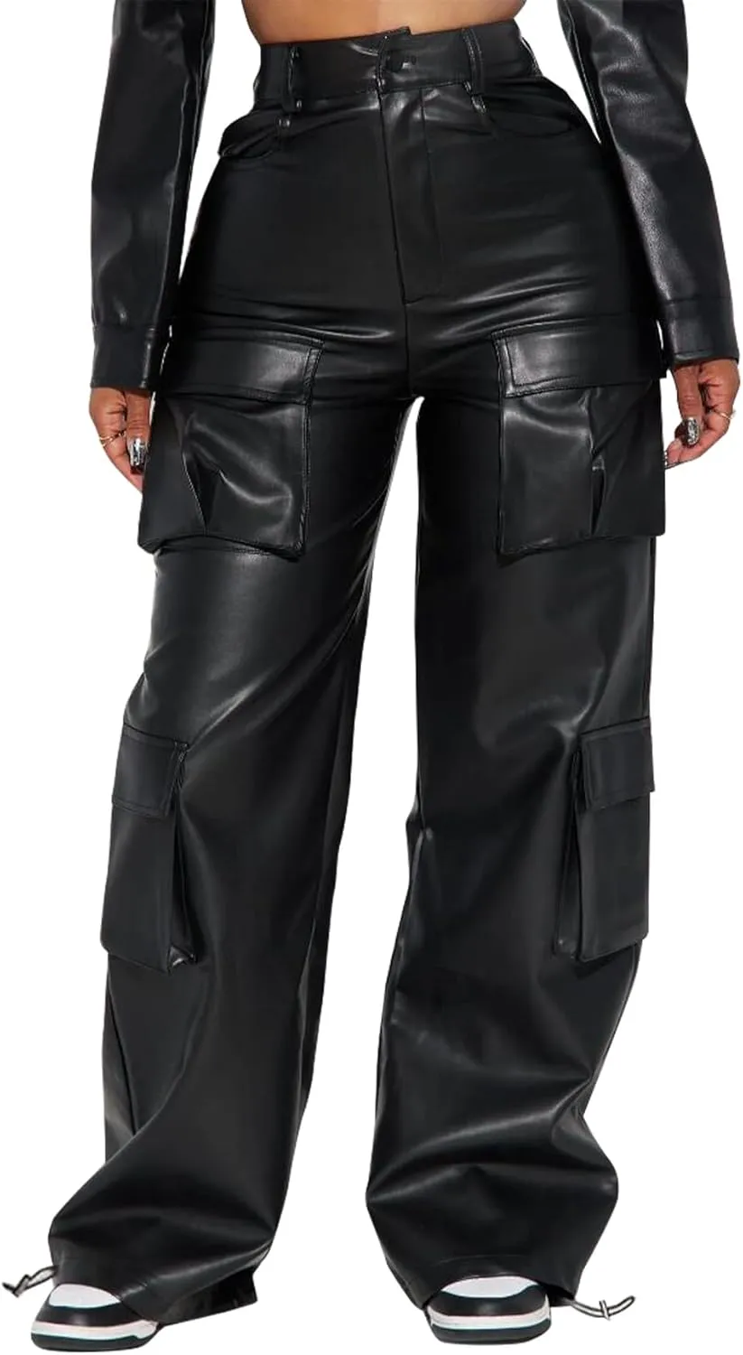 Women's Faux Leather Cargo Pants High Waisted Y2K Relaxed Pants with Pockets