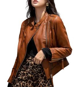 Womens Jaylin Genuine Lambskin Biker Leather Jacket