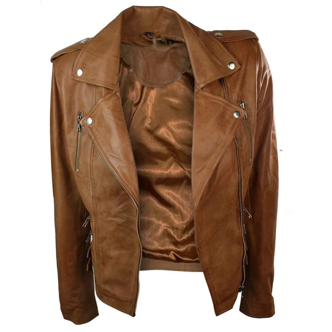Women's Leather Tan Short Biker Jacket