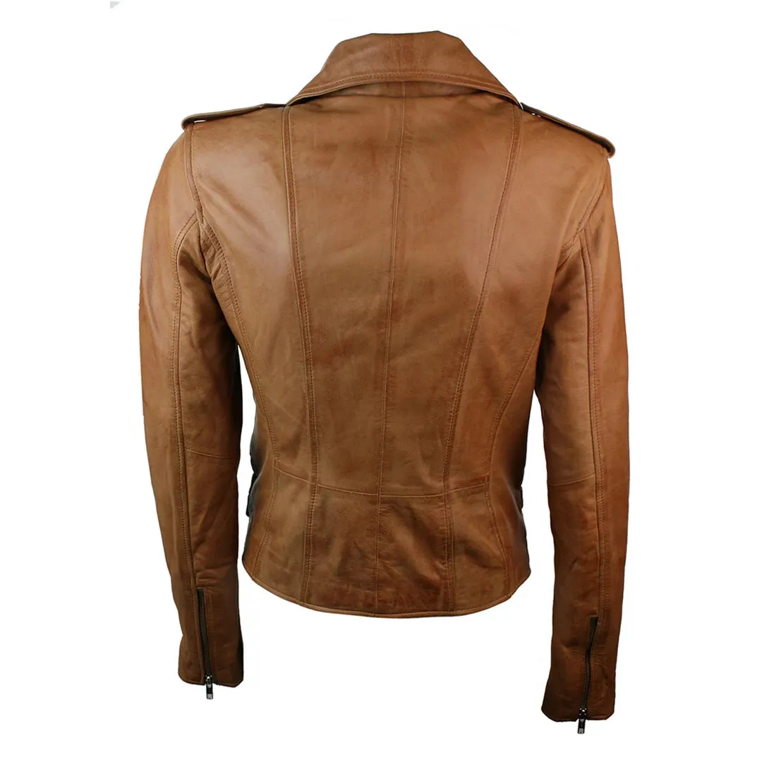 Women's Leather Tan Short Biker Jacket