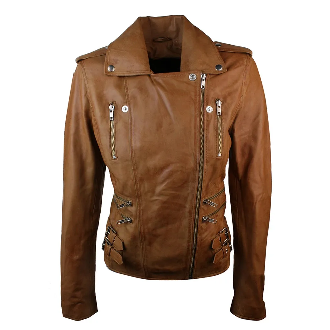 Women's Leather Tan Short Biker Jacket