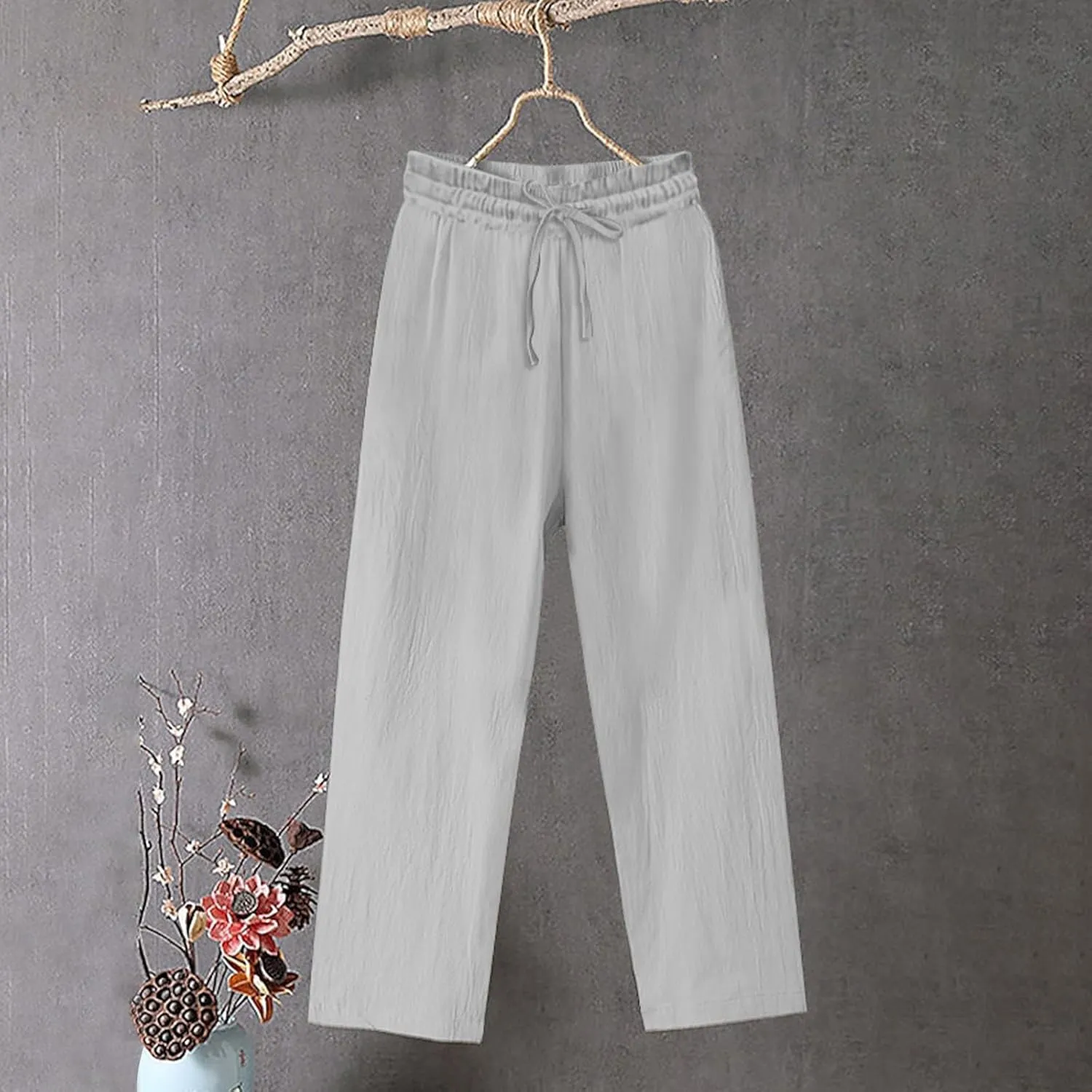 Women's Summer Cotton Linen Pants Drawstring Waist Straight Leg Loose Trousers Lightweight Comfy Boho Beach Pant