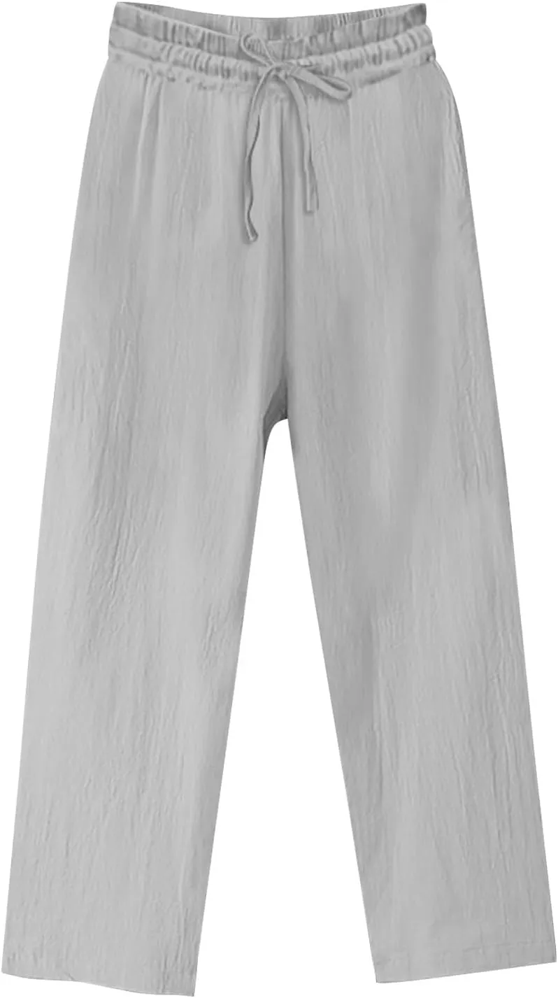 Women's Summer Cotton Linen Pants Drawstring Waist Straight Leg Loose Trousers Lightweight Comfy Boho Beach Pant